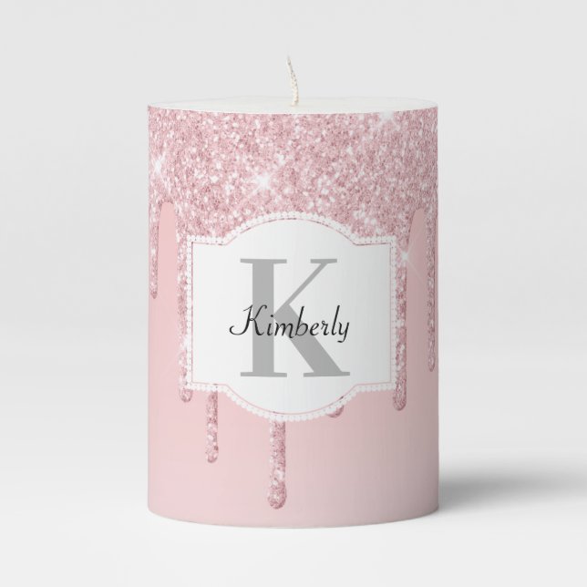 Custom Monogram - Pink Dripping Glitter Pillar Candle (Front)