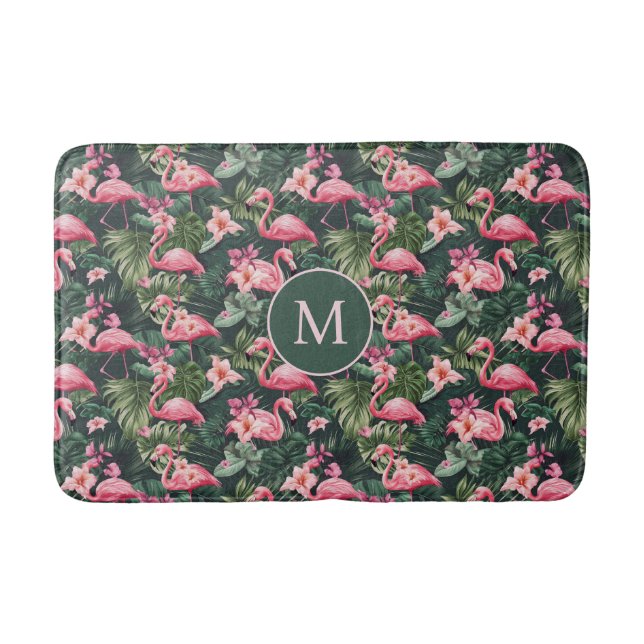 Custom Monogram Pink Flamingos Tropical Pattern Bath Mat (Front)