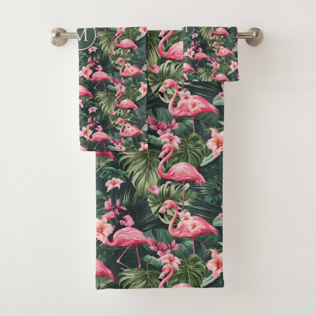 Custom Monogram Pink Flamingos Tropical Pattern Bath Towel Set (Insitu)