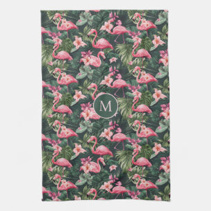 Custom Monogram Pink Flamingos Tropical Pattern Kitchen Towel