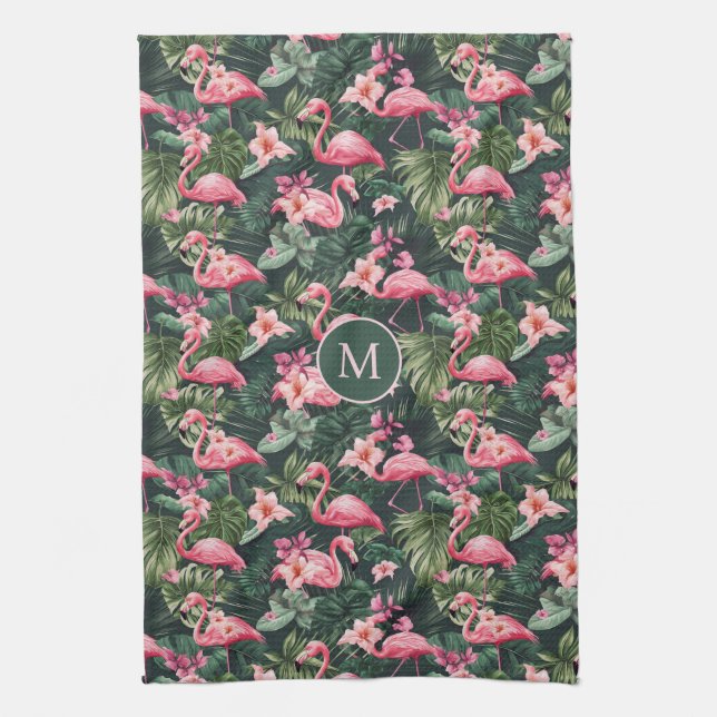 Custom Monogram Pink Flamingos Tropical Pattern Kitchen Towel (Vertical)