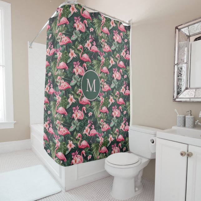 Custom Monogram Pink Flamingos Tropical Pattern Shower Curtain (In Situ)