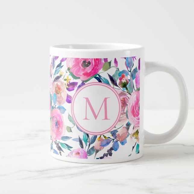 Custom Monogram Pink Floral Giant Coffee Mug (Right)