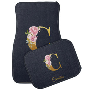 Custom Monogram Pink Floral Name Initial Car Floor Mat
