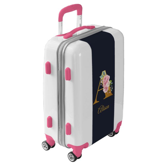 Custom Monogram Pink Floral Name Initial Luggage (Rotated Left)