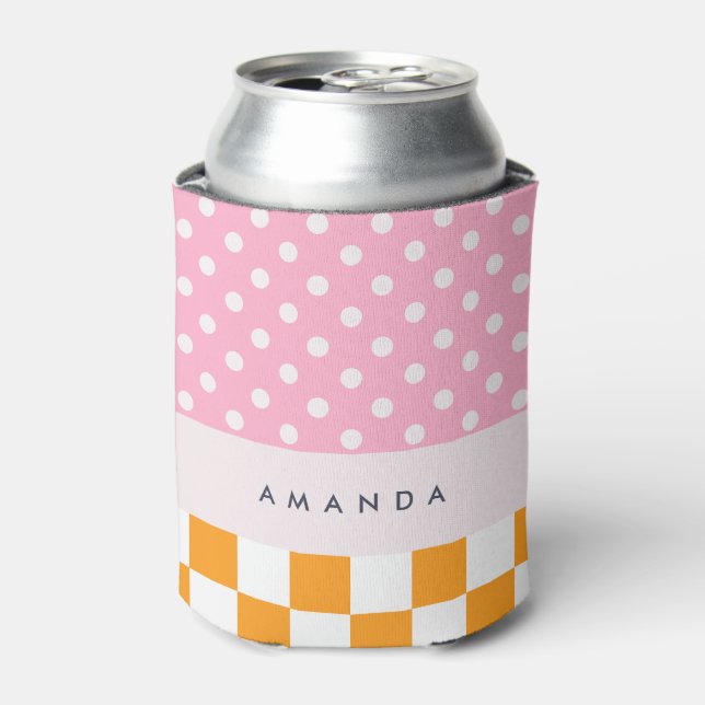 Custom Monogram Pink Orange Polka Dot Check Can Cooler (Can Front)