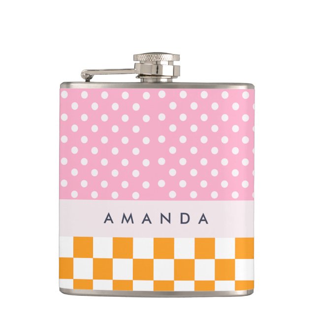 Custom Monogram Pink Orange Polka Dot Check Flask (Front)