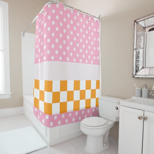 Custom Monogram Pink Orange Polka Dot Check Shower Curtain