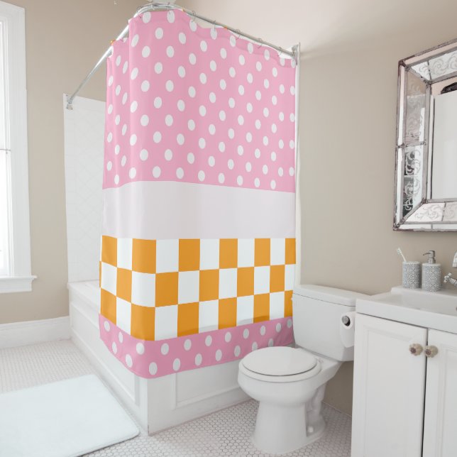 Custom Monogram Pink Orange Polka Dot Check Shower Curtain (In Situ)
