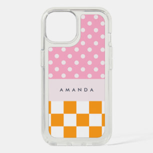 Custom Monogram Pink Orange Polka Dot Check iPhone 15 Case