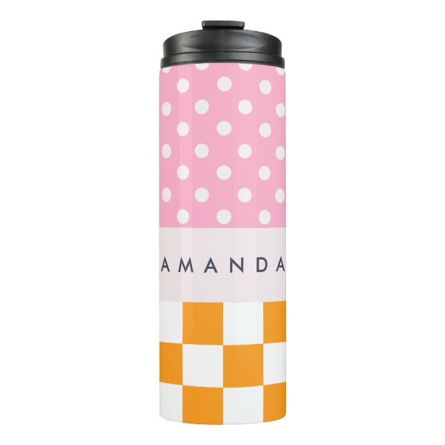 Custom Monogram Pink Orange Polka Dot Check Thermal Tumbler (Front)