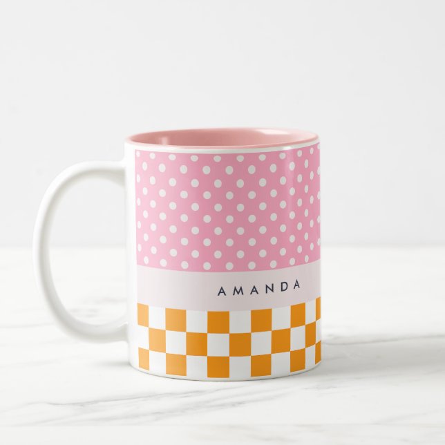 Custom Monogram Pink Orange Polka Dot Check Two-Tone Coffee Mug (Left)
