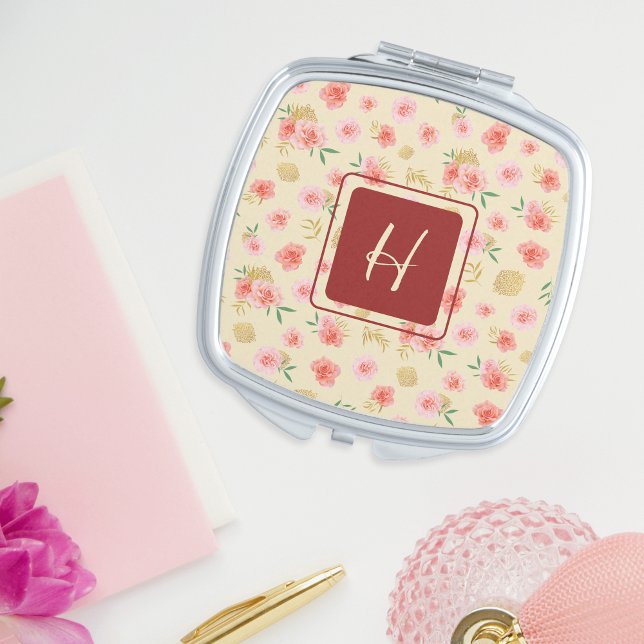 Custom Monogram Pink Rose Botany Compact Mirror (Creator Uploaded)