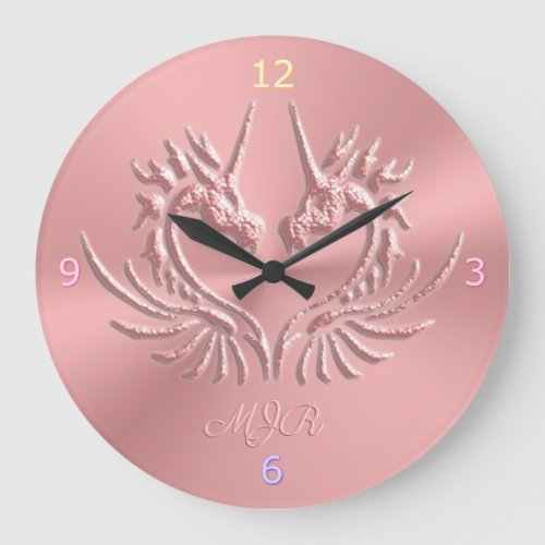 Custom Monogram Pink Scaly Dragon Heart Large Clock