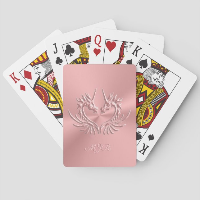 Custom Monogram, Pink Scaly Dragon Heart Poker Cards (Back)