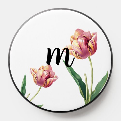 Custom monogram Pink  Yellow Tulip  Floral PopSocket