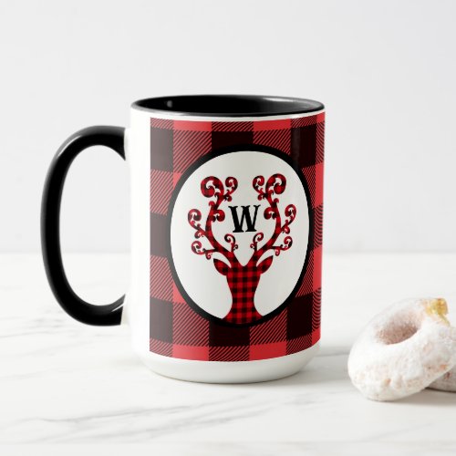 Custom Monogram Plaid Reindeer Holiday Coffee Mug