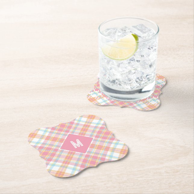 Custom Monogram Plaid / Tartan Pattern Paper Coaster (Insitu)