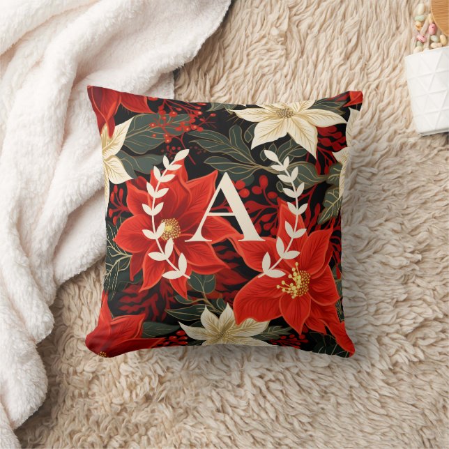 Custom Monogram Poinsettia Christmas Floral Throw Pillow (Blanket)