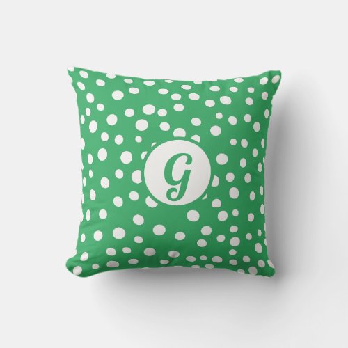 Custom Monogram Polka Dot x Green Accent Throw Pillow