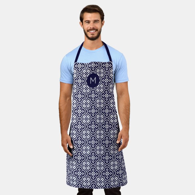 Custom Monogram Portugese Tiles Pattern Apron (Worn)