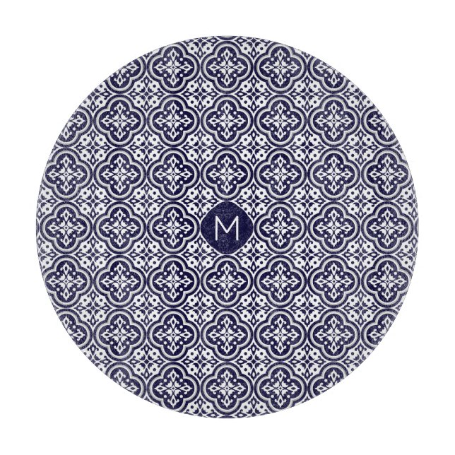Custom Monogram Portugese Tiles Pattern Cutting Board (Front)