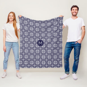 Custom Monogram Portugese Tiles Pattern Fleece Blanket