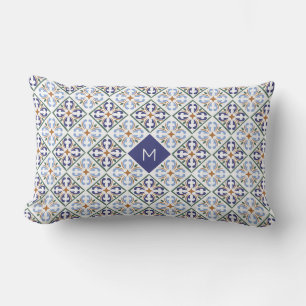 Custom Monogram Portugese Tiles Pattern Lumbar Pillow