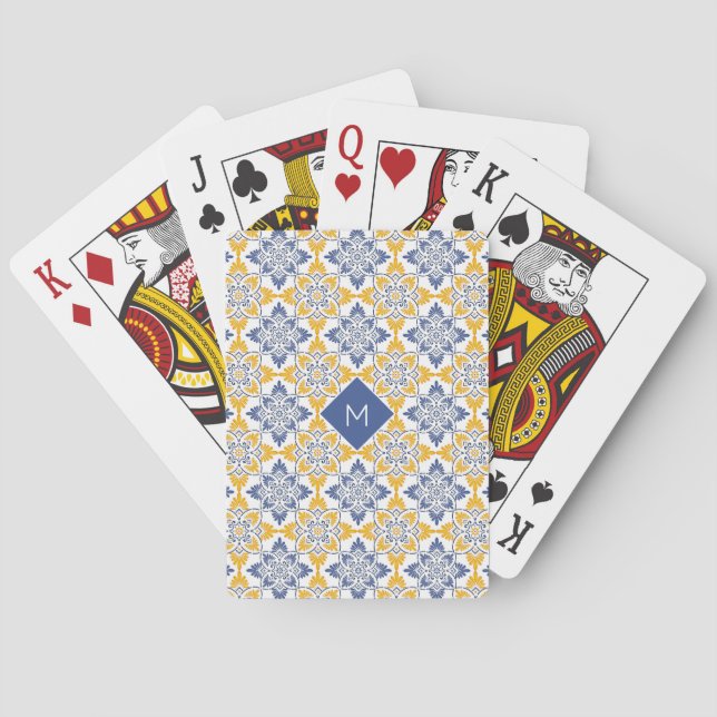 Custom Monogram Portugese Tiles Pattern Poker Cards (Back)