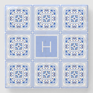 Custom Monogram Portugese Tiles Pattern Stone Coaster