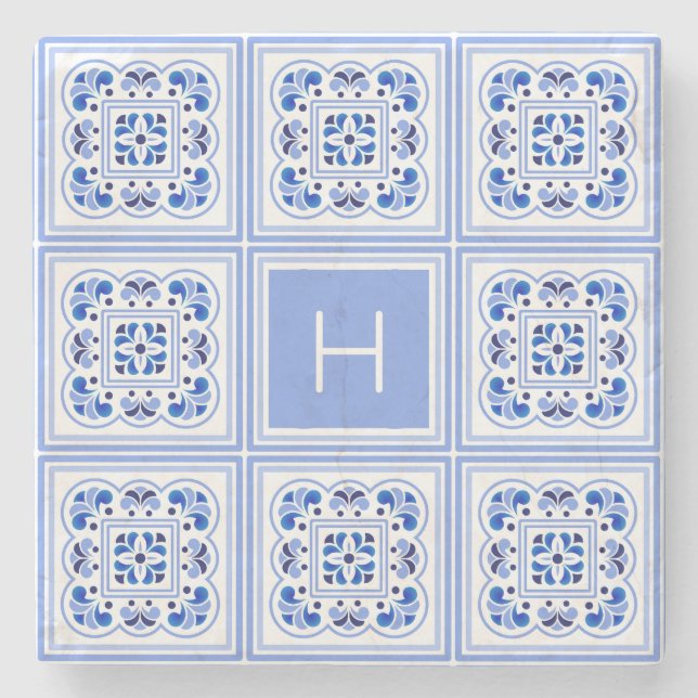 Custom Monogram Portugese Tiles Pattern Stone Coaster (Front)