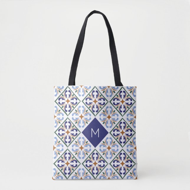 Custom Monogram Portugese Tiles Pattern Tote Bag (Front)