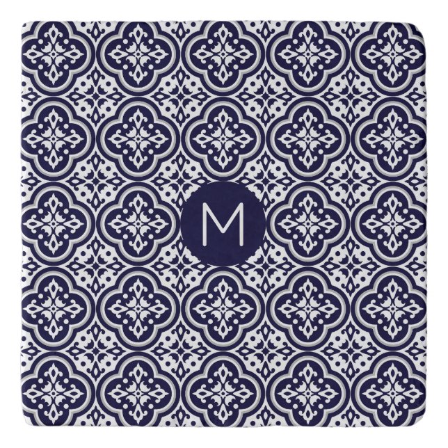 Custom Monogram Portugese Tiles Pattern Trivet (Front)