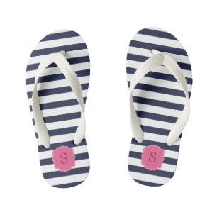 Custom Monogram Pretty Navy Blue Stripes Kid's Flip Flops
