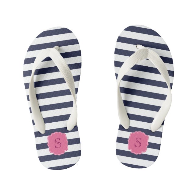 Custom Monogram Pretty Navy Blue Stripes Kid's Flip Flops (Footbed)