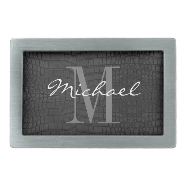 Custom Monogram Printed Faux Black Crocodile Belt Buckle (Front)