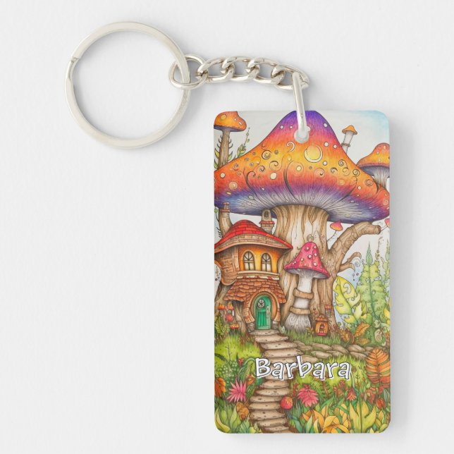 Custom Monogram Psychedelic Mushroom Art Keychain (Front)