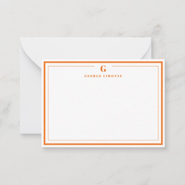 Custom Monogram Pumpkin Orange Border Stationery  Note Card (Front)