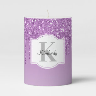 Custom Monogram - Purple Dripping Glitter Pillar Candle