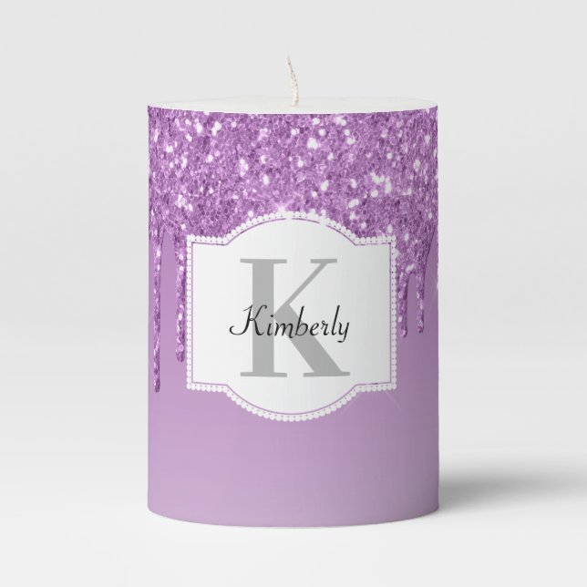 Custom Monogram - Purple Dripping Glitter Pillar Candle (Front)