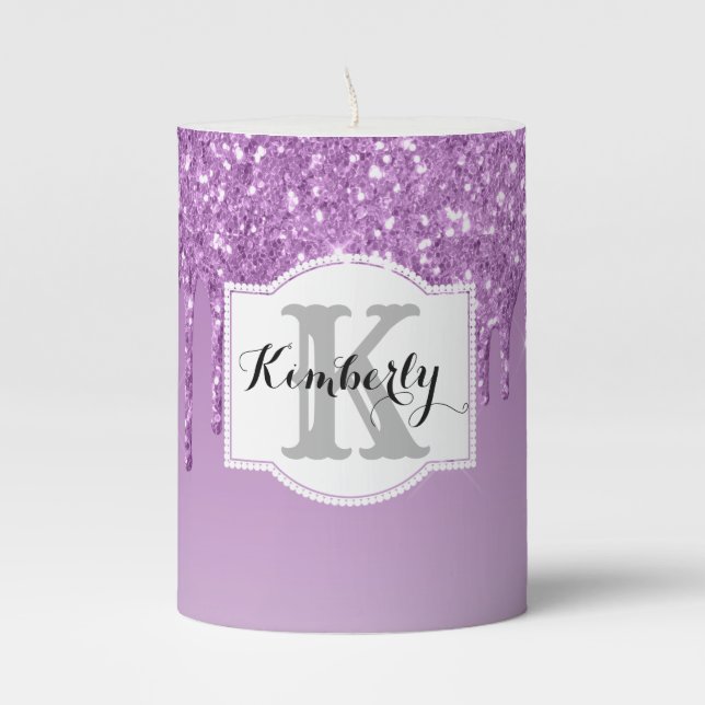 Custom Monogram/Purple  Dripping Glitter Pillar Candle (Front)