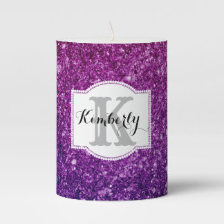 Custom Monogram - Purple Glitter Pillar Candle