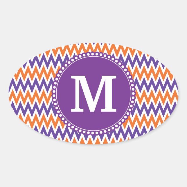 Custom Monogram Purple Orange Chevron Pattern Oval Sticker (Front)