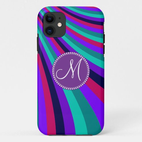 Custom Monogram Purple Pink Aqua Rainbow Stripes iPhone 11 Case
