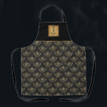 Custom Monogram, Queen Bee, Black and Gold Apron<br><div class="desc">Add your own initial and name and make this gorgeous queen bee apron your very own! Exquisite queen bee pattern with black background and bees in faux gold. Top area in black with monogram section in golden square with you initial and name in black. Gold stripe joining both black section...</div>
