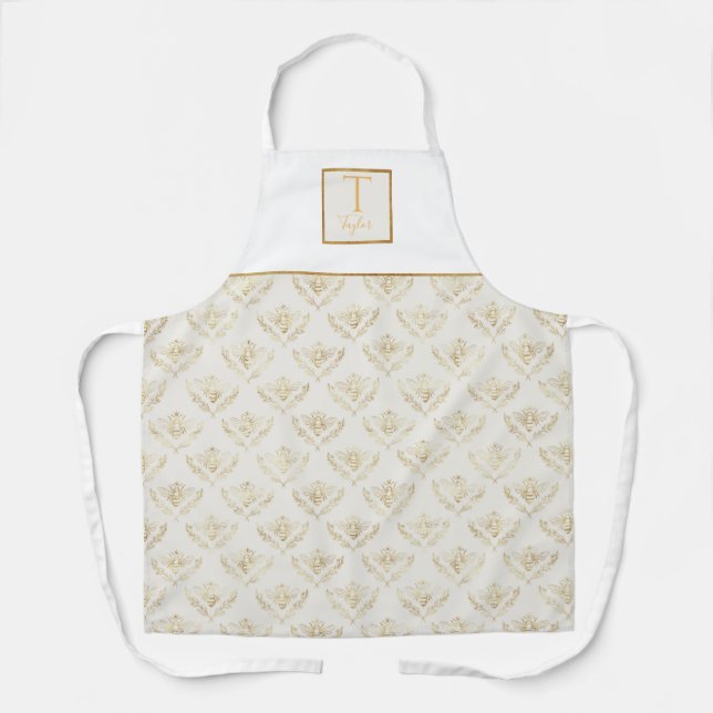 Custom Monogram, Queen Bee, Cream and Gold Apron (Front)