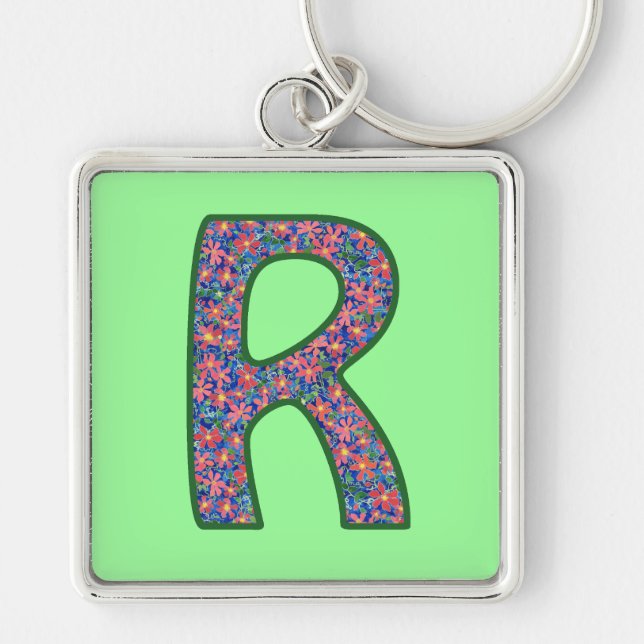 Custom Monogram R Keychain, Ditsy Floral Pattern Keychain (Front)