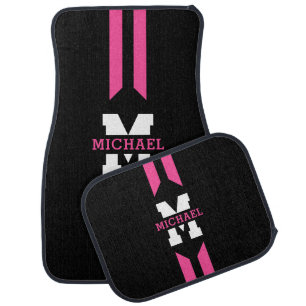 Custom Monogram Racer Pink Stripe Car Floor Mat