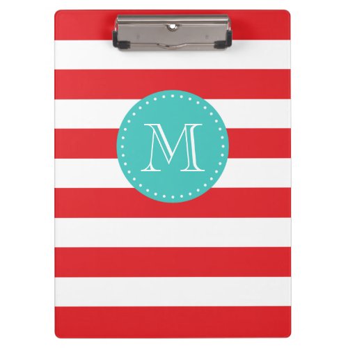 Custom Monogram Red and Turquoise Bold Stripes Clipboard