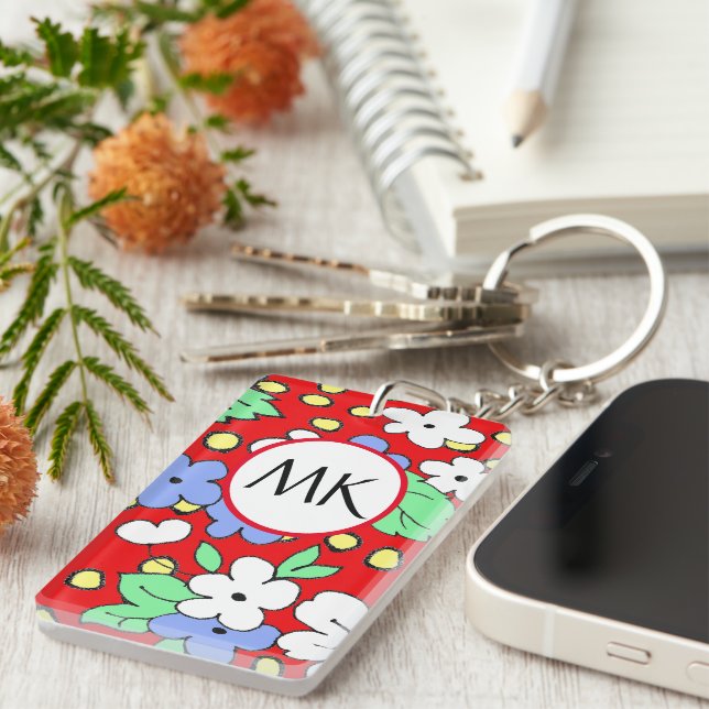 Custom monogram red and white flowers keychain (Front Right)